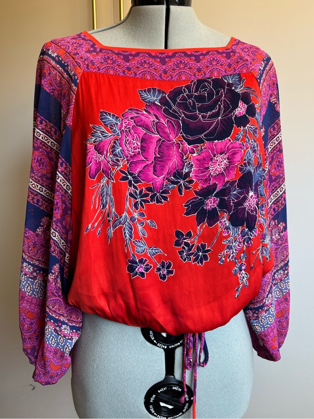 Free People Red Floral Silky Boho Blouse